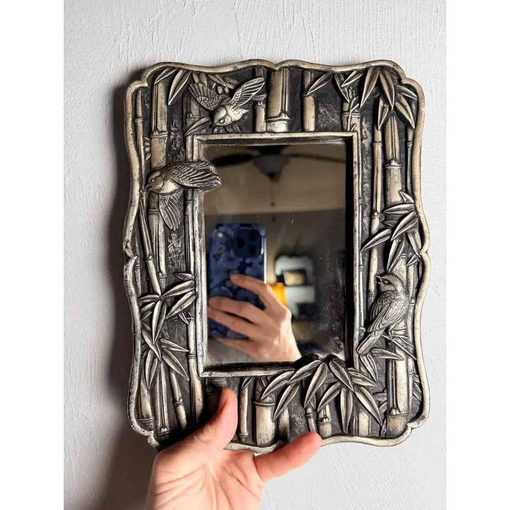 Vintage Chinoiserie Bamboo Bird Mirror | Silver Tone Hollywood Regency